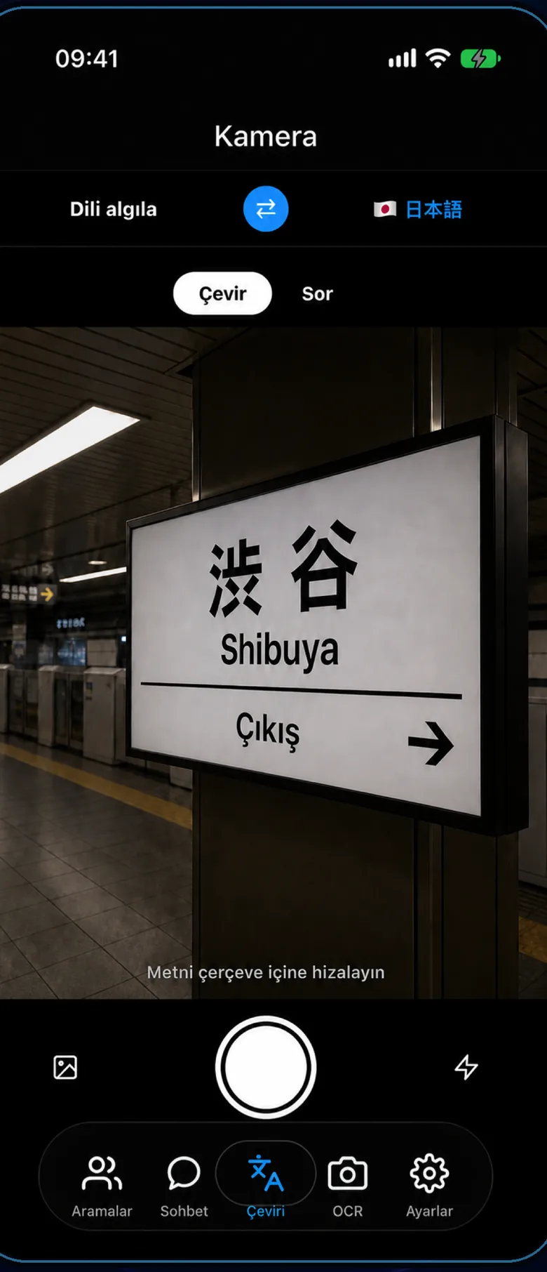 Dilinga kamera ekranı: Japonca bir istasyon tabelasını okuyup çeviriyor.