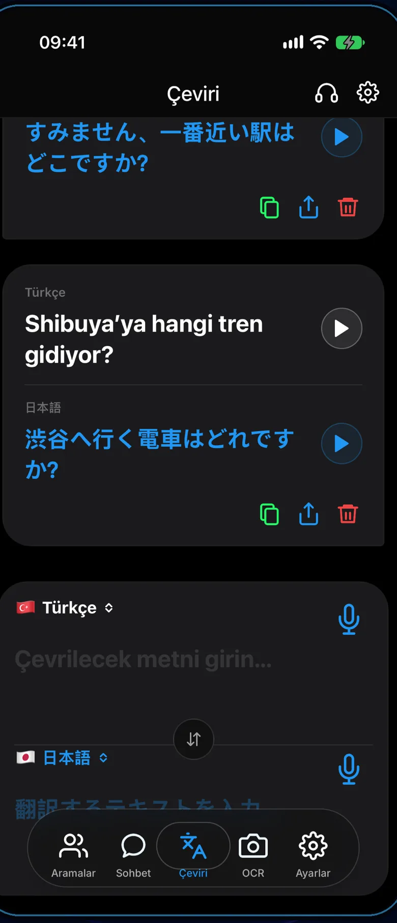 Dilinga çeviri ekranı: Türkçe yazılan metin Japonca karşılığıyla birlikte.